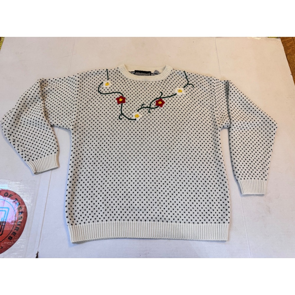 Bramble Lane Vintage Floral Embroidered Birdseye Knit Sweater Cream Black Large